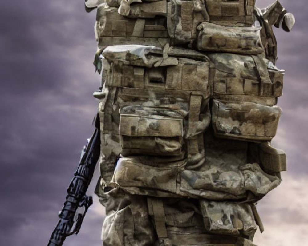 Koala on Military Backpacks with Rifle Under Dramatic Sky