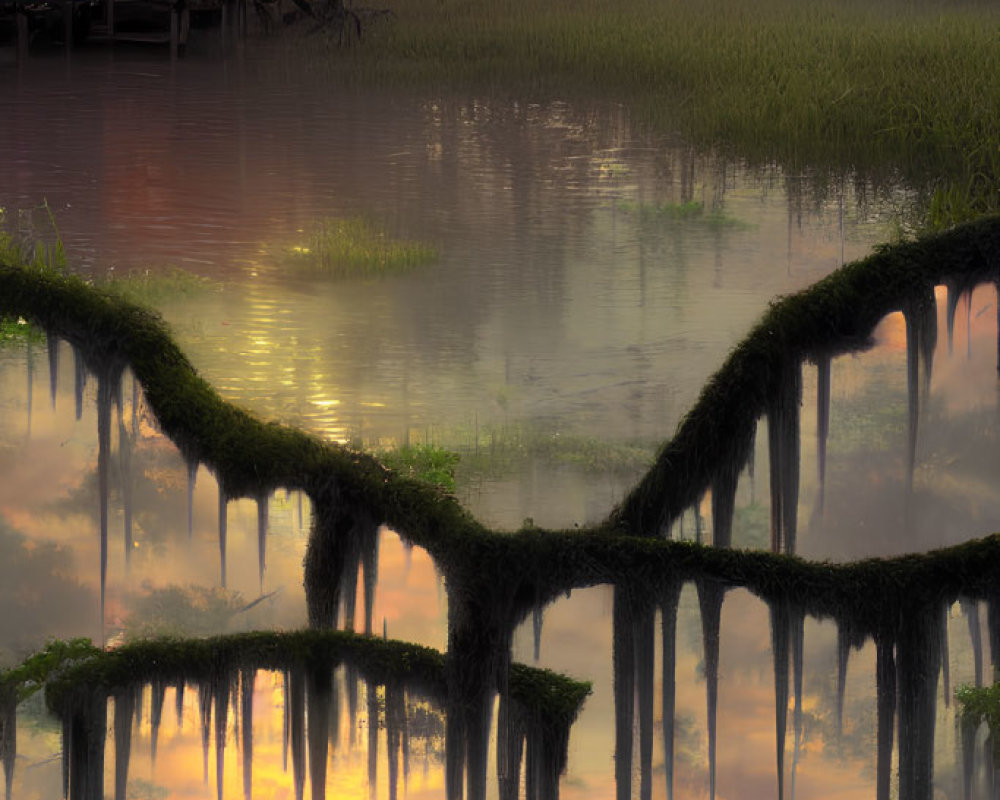 Tranquil dusk swamp scene with stilt houses and Spanish moss-draped trees