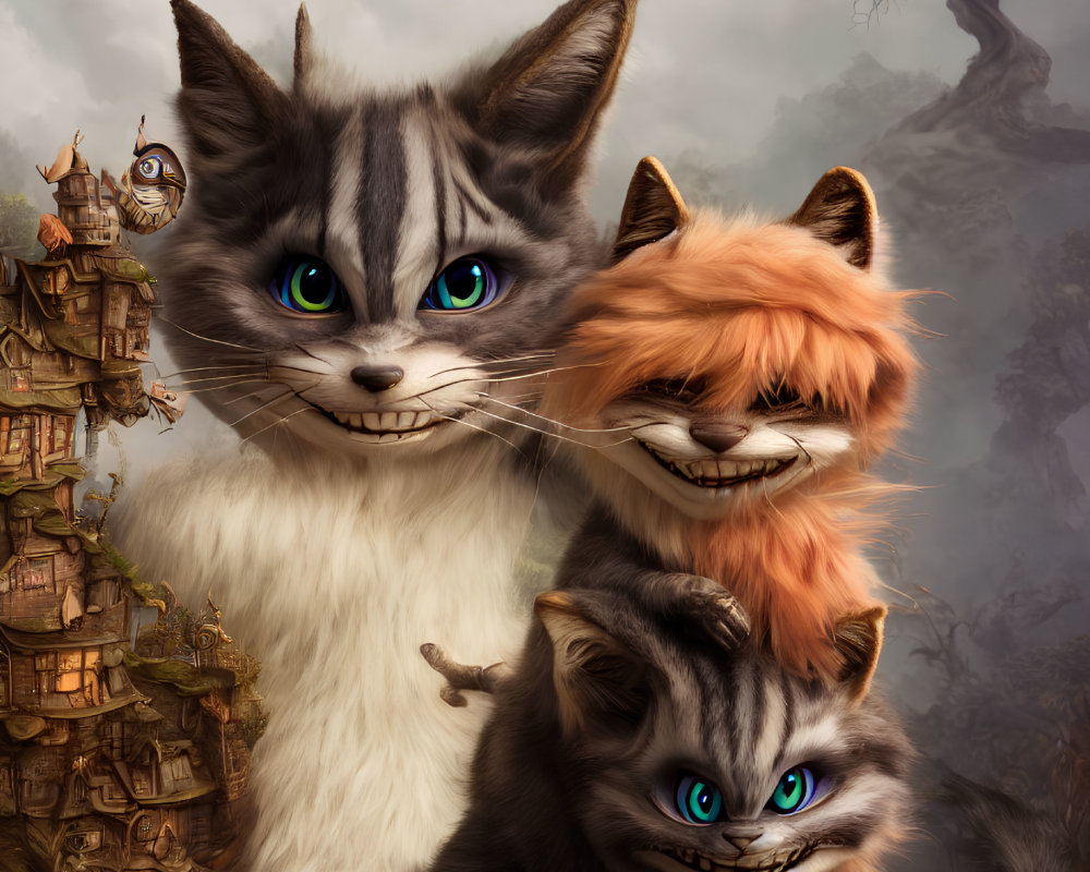 Whimsical anthropomorphic cats with blue eyes in front of fantasy treehouse landscape