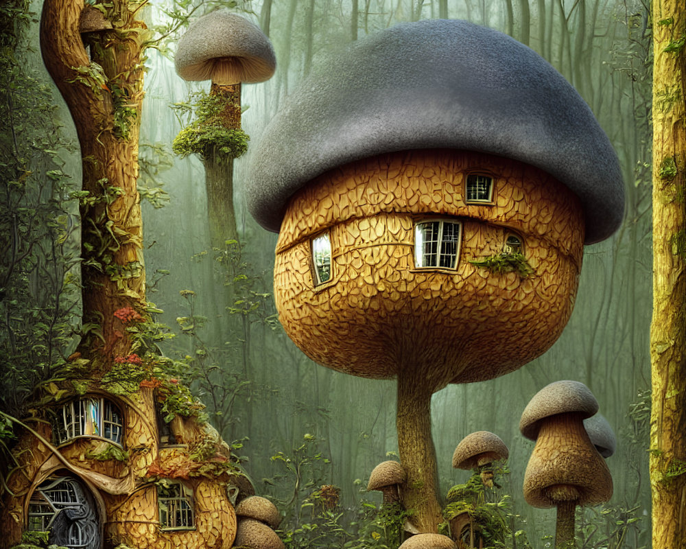 Enchanting forest with mushroom houses in magical setting