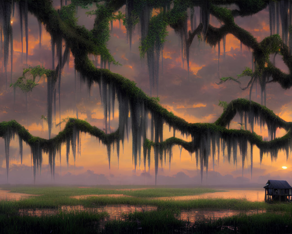Tranquil sunset landscape with Spanish moss trees by calm lake