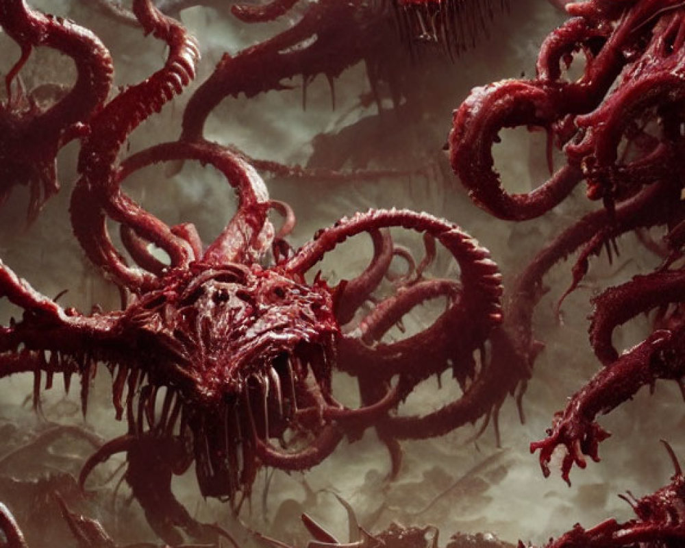 Dark, ominous image of monstrous creatures with tentacles and sharp teeth emerging from mist.