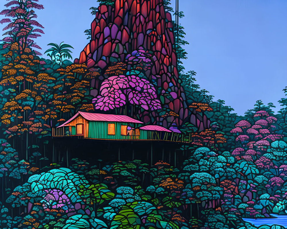 Colorful landscape illustration with cabin, flora, trees, and rocky peak under dusk sky