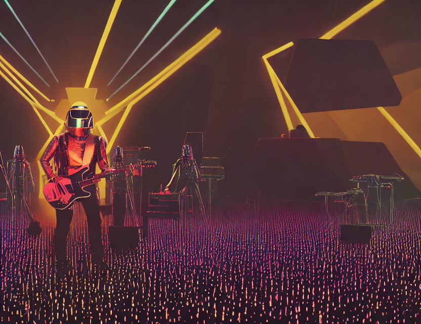 Futuristic musician in helmet plays guitar on stage with laser lights