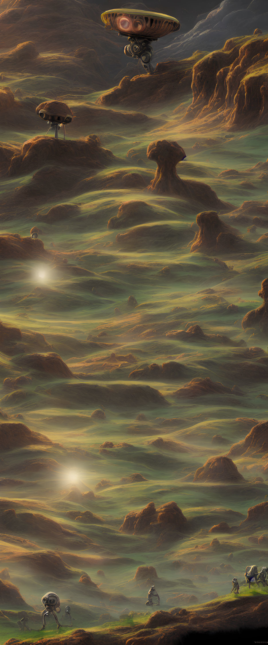 Alien landscape with rolling hills, river, and hovering spaceships.