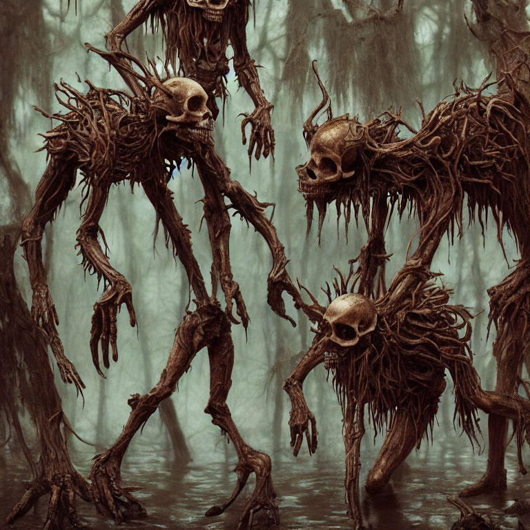 Eerie skeletal creatures with branch limbs in dark, tree-filled landscape