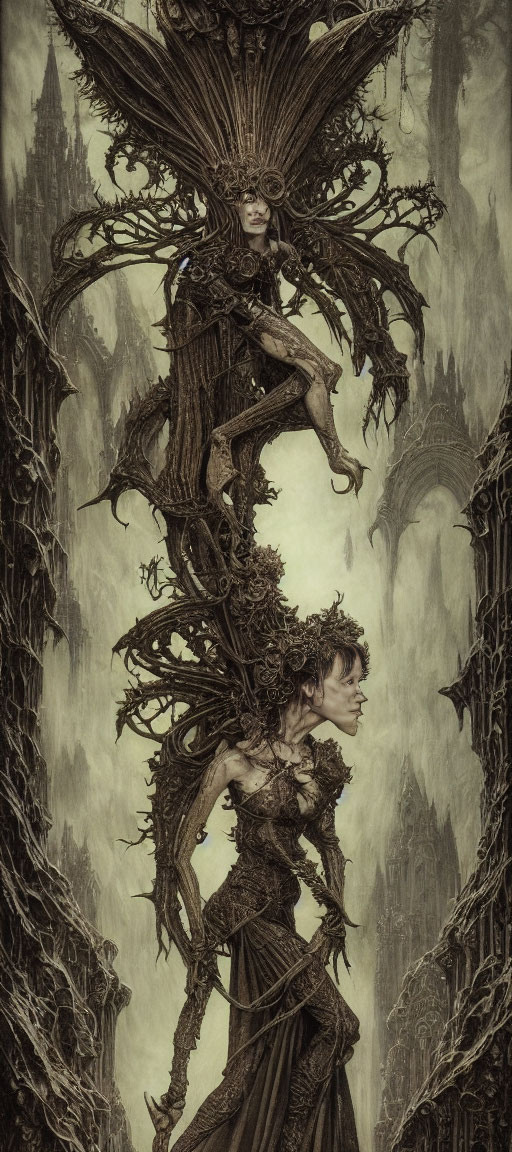 Gothic fantasy art: humanoid figures of branches against dark architecture