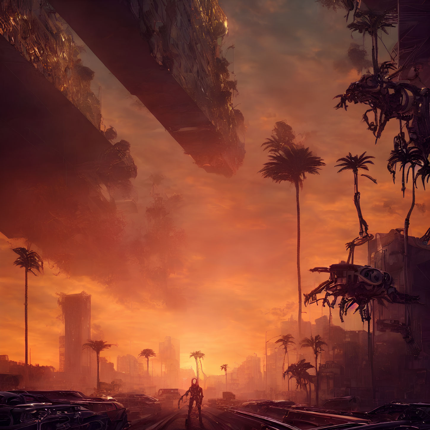 Sunset post-apocalyptic cityscape with ruins, figure, palm trees, and hovering vehicle.