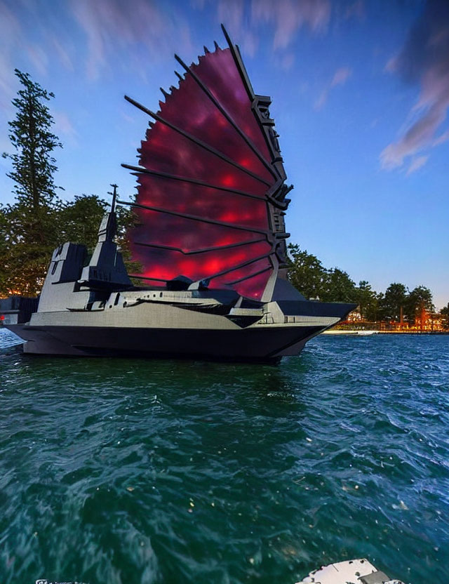 Futuristic ship with large red sail on calm waters