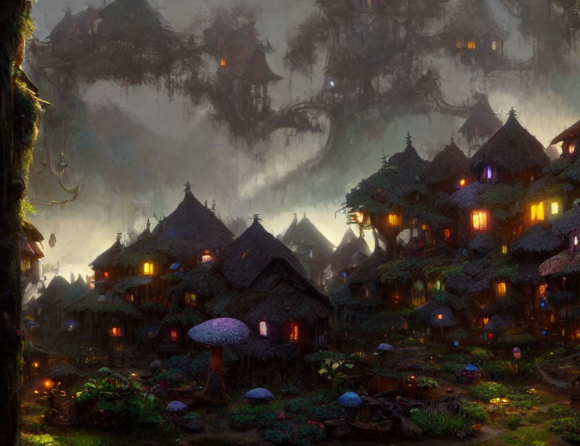 Mystical village at dusk with thatched-roof cottages and glowing windows