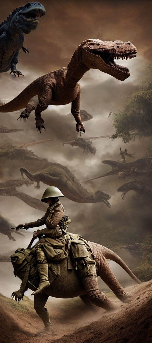 Soldier riding dinosaur in foggy prehistoric landscape