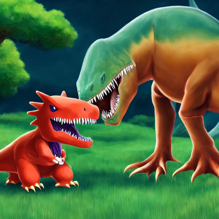 Red cartoon dinosaur with necktie confronts green dinosaur in night landscape.