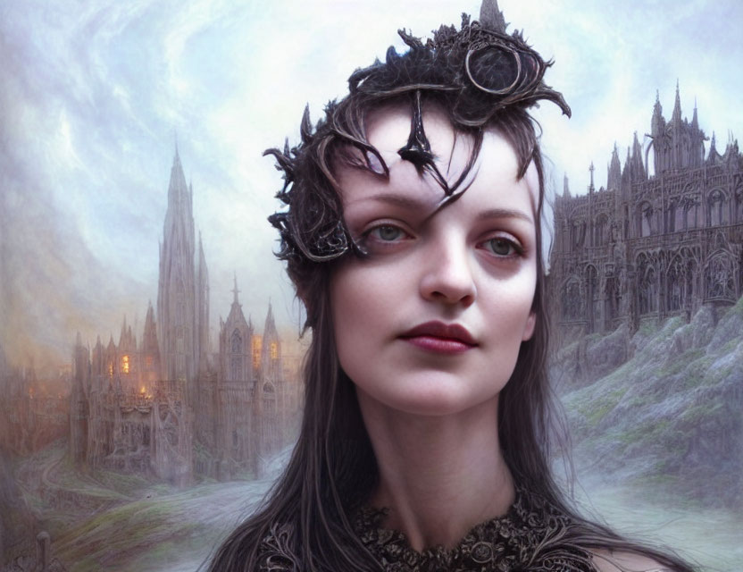 Dark ornate crown on woman with medieval attire and gothic cathedral in misty background