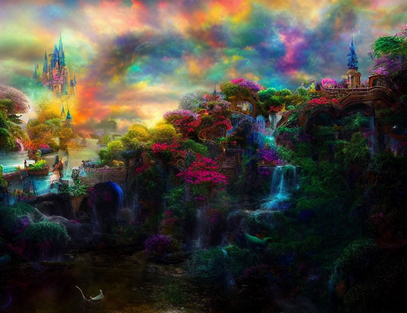 Fantastical landscape with lush vegetation, waterfalls, colorful skies