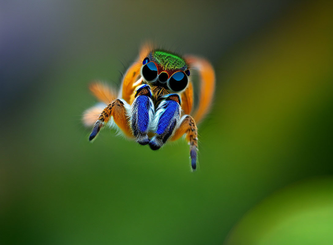 Colorful Jumping Spider in Mid-Air on Green Background