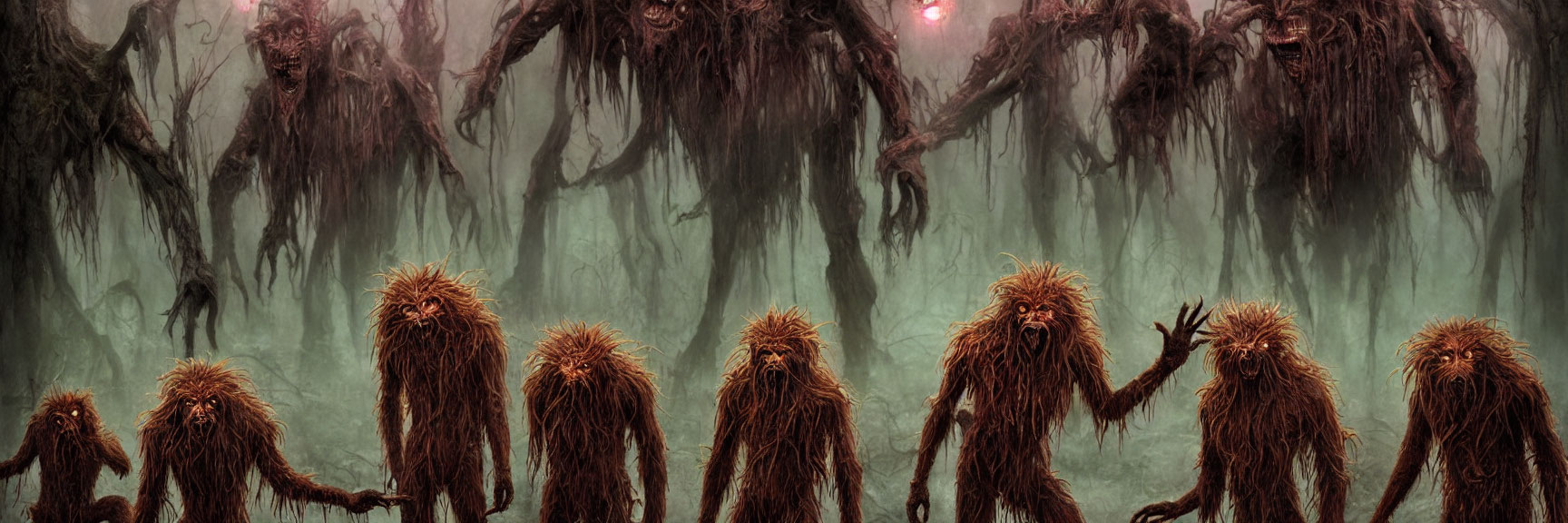 Shaggy monstrous creatures with glowing eyes in misty forest