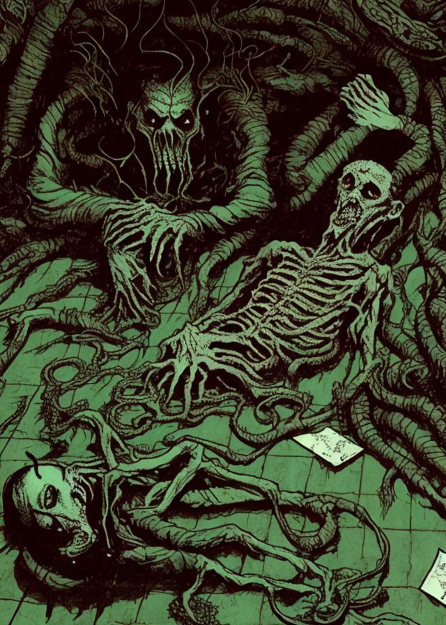 Eerie green-toned illustration of skeletal remains and tentacles with ghostly figure.