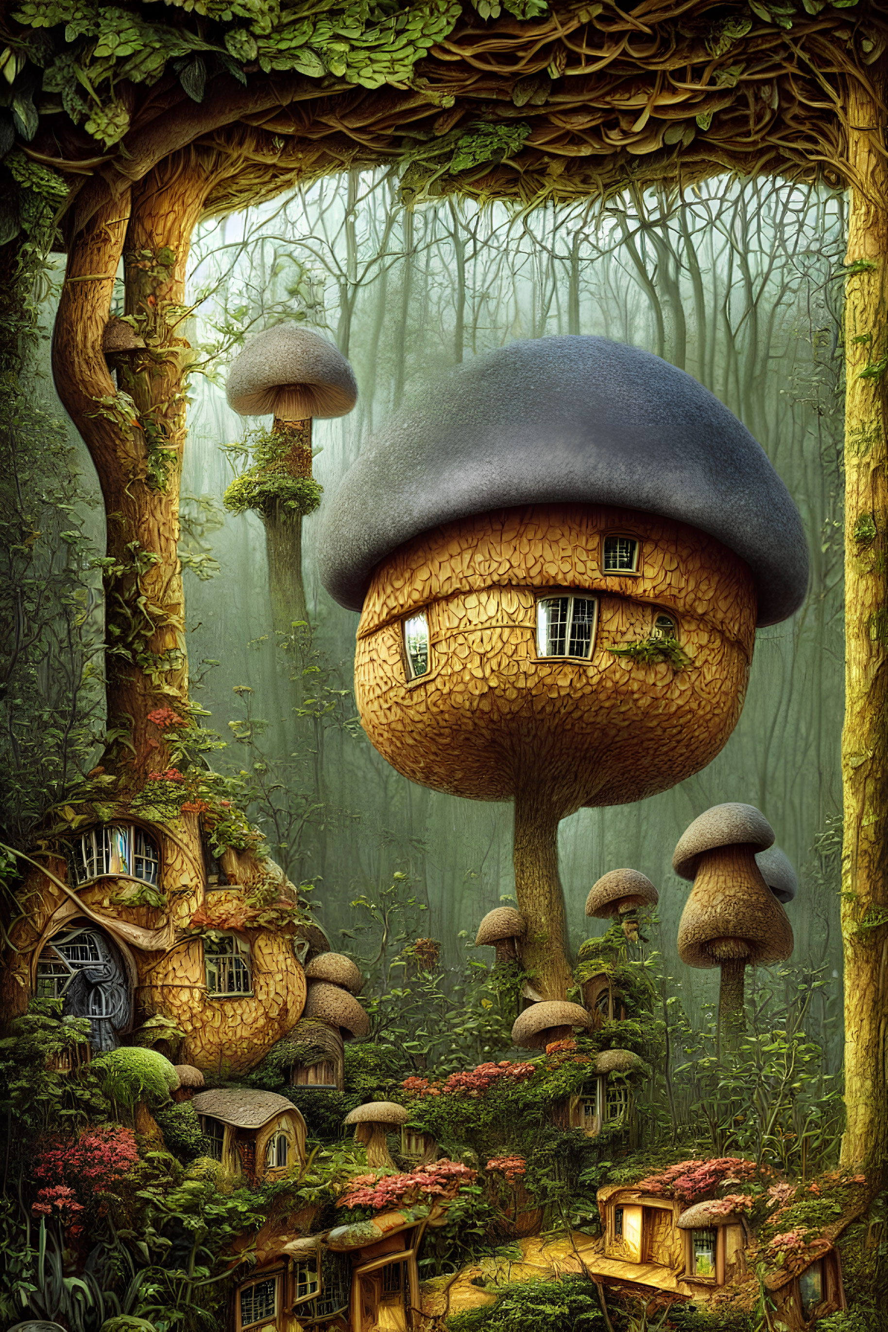 Enchanting forest with mushroom houses in magical setting