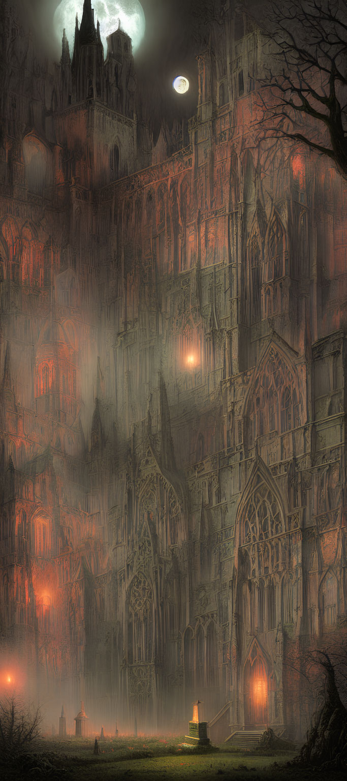 Gothic cathedral at night with eerie lighting and misty surroundings