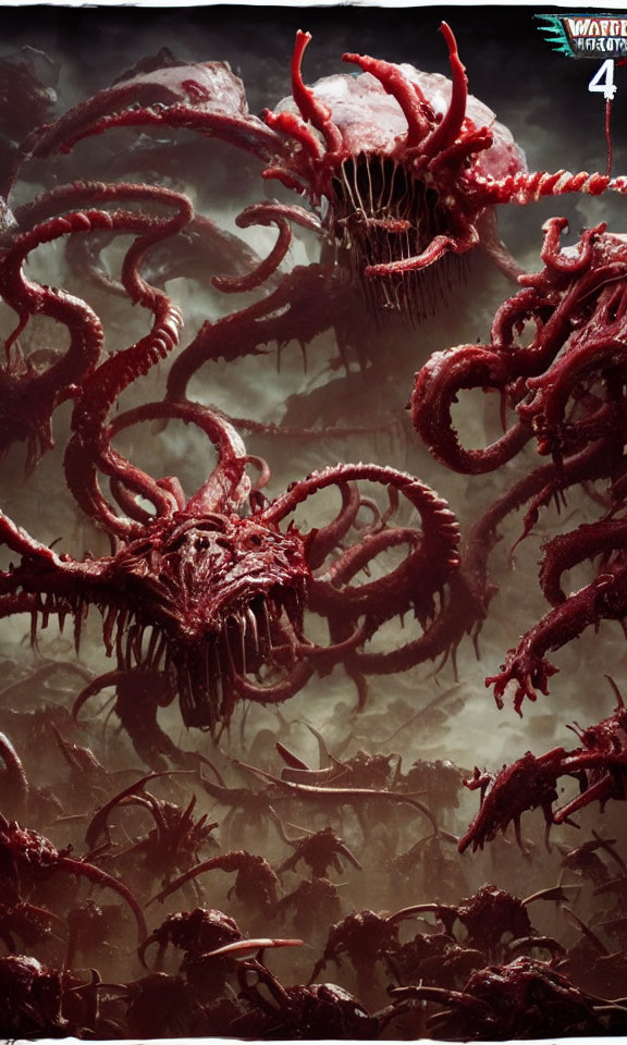 Dark, ominous image of monstrous creatures with tentacles and sharp teeth emerging from mist.