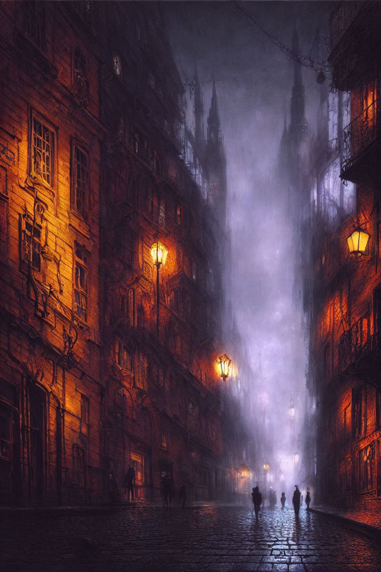 Foggy narrow street with warm streetlights and silhouettes