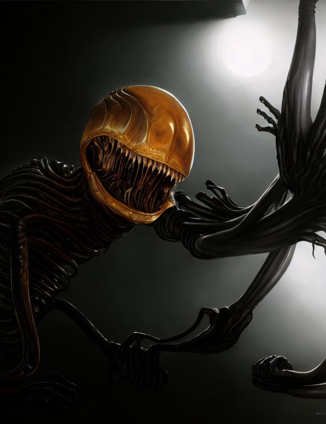 Sci-fi Alien Creature Illustration with Elongated Head and Bared Teeth