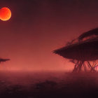 Two stilted huts on trees in misty orange-red landscape with large planet and stars
