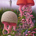 Surrealist landscape with octopus tentacles and mushroom structures in foggy forest