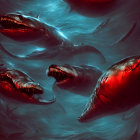 Detailed red sharks in dynamic underwater scene