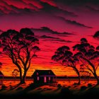 Digital artwork: Ominous crimson-lit landscape with reflective trees, tents, and stormy sky