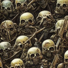 Assortment of human skulls and bones in sepia tone