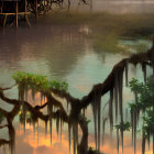 Tranquil dusk swamp scene with stilt houses and Spanish moss-draped trees