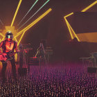 Futuristic musicians in helmets and suits playing guitar and keyboards among vibrant lights and neon grass