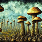 Fantastical forest with oversized mushrooms and miniature ruined buildings in misty atmosphere