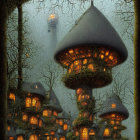 Whimsical forest village at night with glowing windows