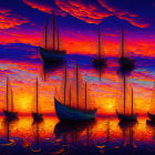 Colorful Psychedelic Silhouetted Sailing Ships with Sun-like Orbs