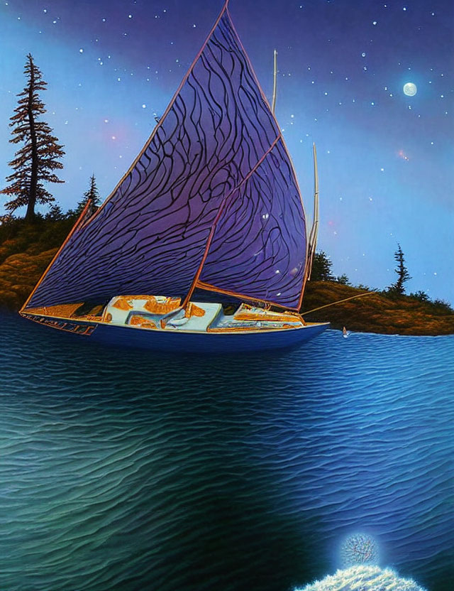 Purple sailboat on calm water under starry night sky with forest and moon