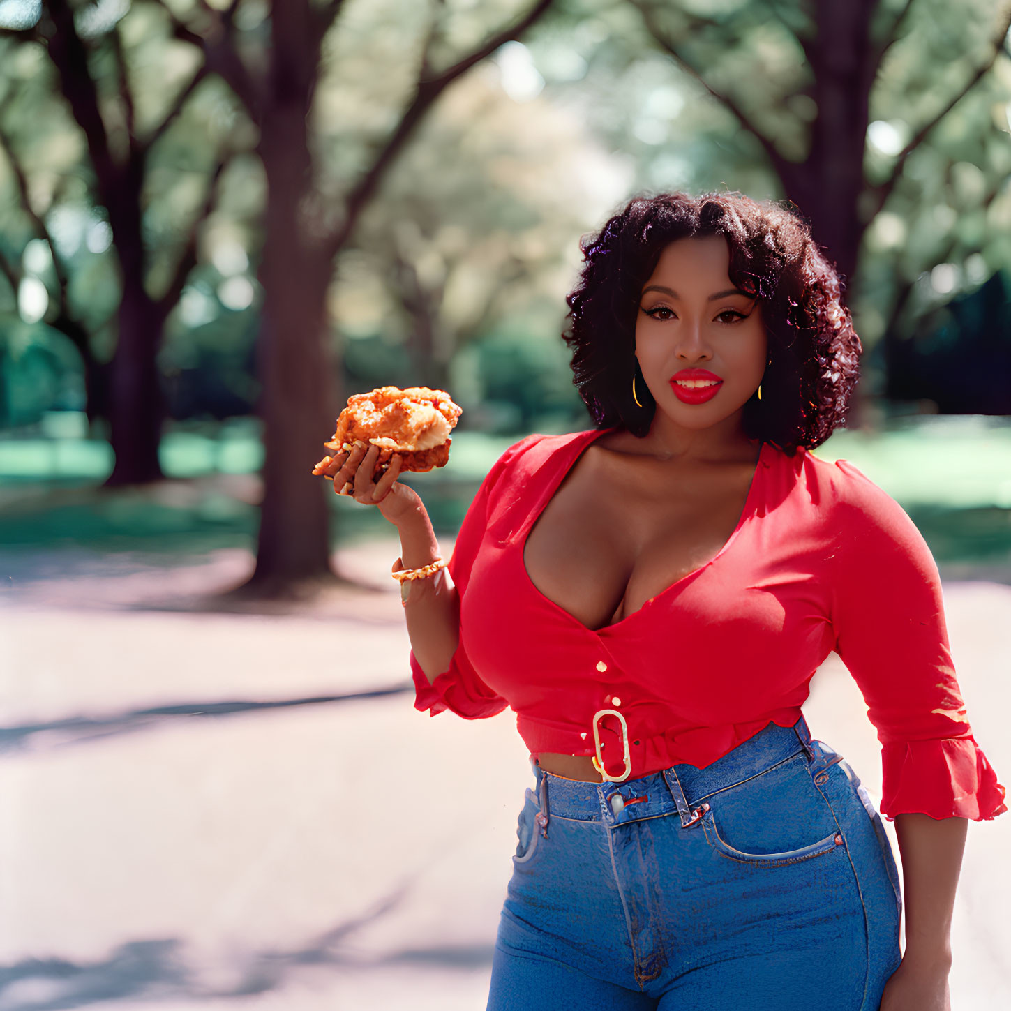 Woman in red top and blue jeans holding muffin in park with trees.
