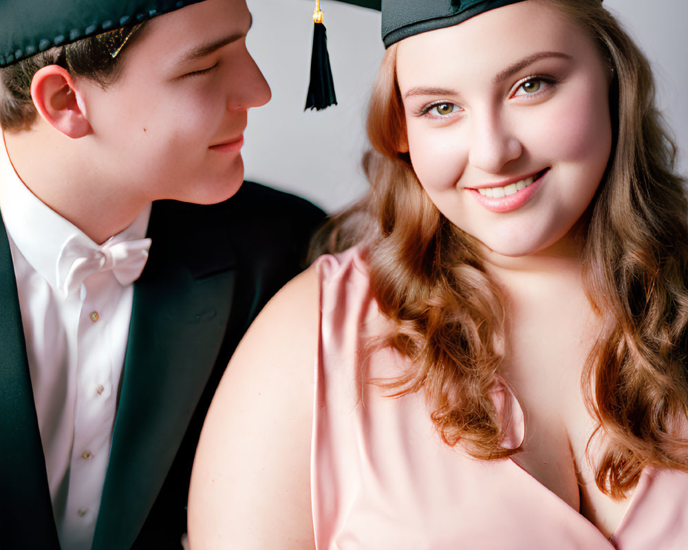 Formal young couple: woman in graduation cap, man in tuxedo, smiling closely