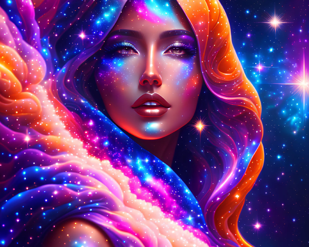 Cosmic-themed digital artwork of a woman with vibrant nebula hair