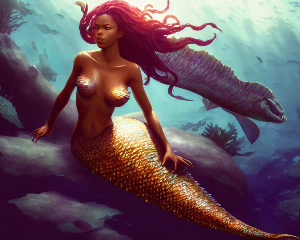 Golden-Scaled Mermaid with Long Hair Swimming Near Rocks and Fish