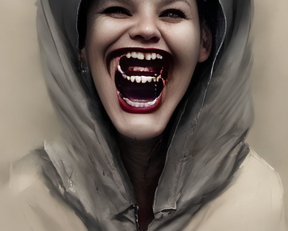 Exaggeratedly large open mouth with sharp teeth in hooded jacket