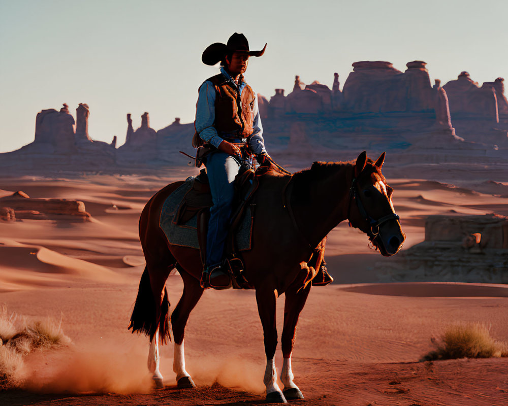 Cowboy on horseback in desert with rock formations at sunset