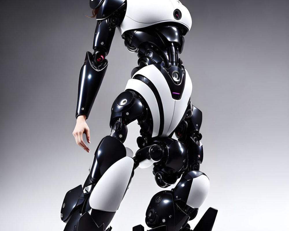 Futuristic humanoid robot with black and white design and advanced joints