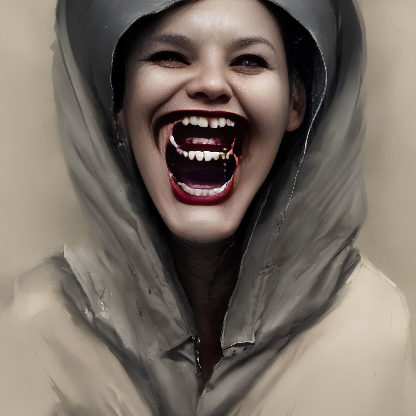 Exaggeratedly large open mouth with sharp teeth in hooded jacket