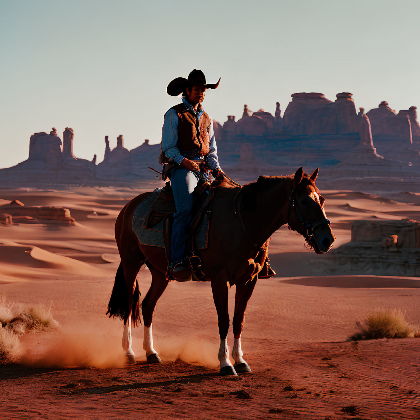 Cowboy on horseback in desert with rock formations at sunset