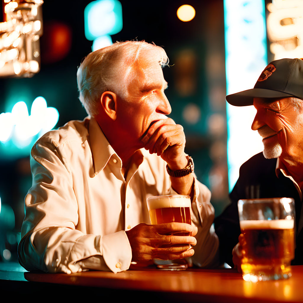 Two older men chatting at a bar with beers in hand under warm lighting
