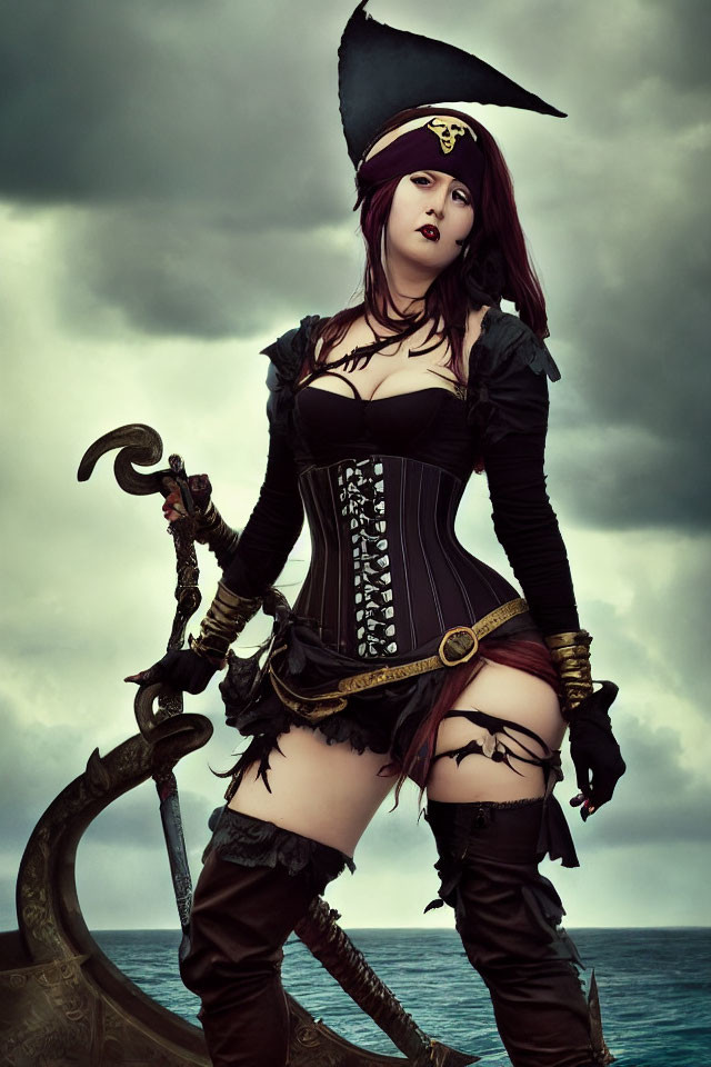 Stylized female pirate with tricorner hat, corset, and cutlass on ship