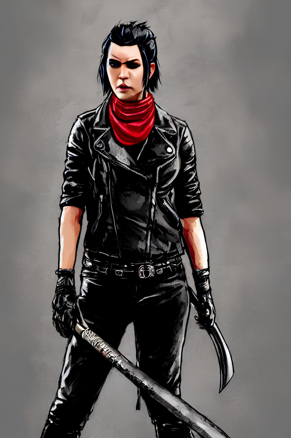 Character with blue-black hair in leather jacket and red scarf holding scythe weapon