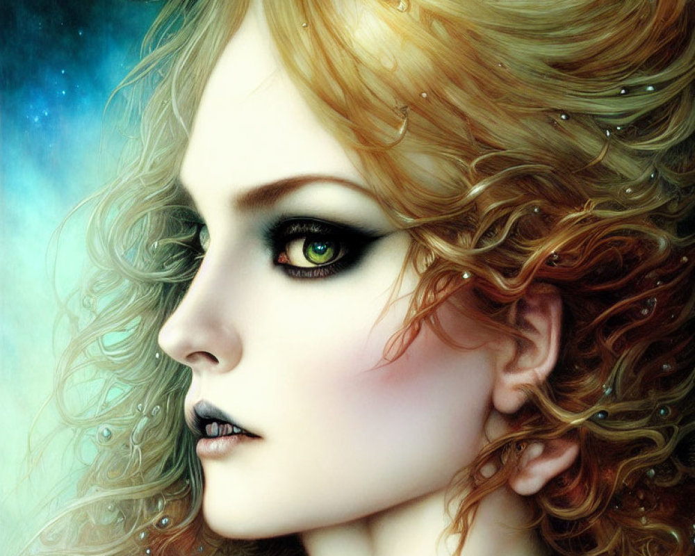 Digital painting: Woman with auburn hair and green eyes in cosmic setting